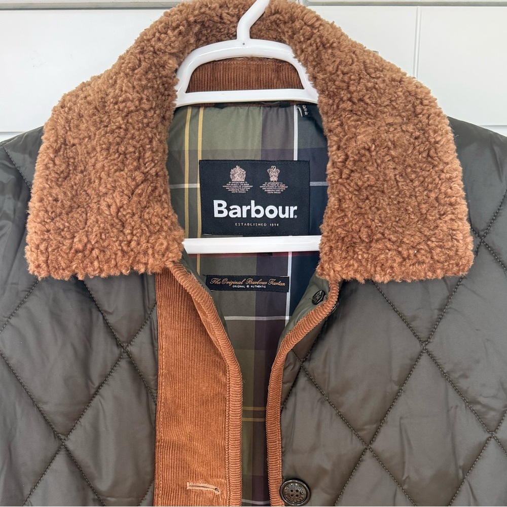 Barbour Olive Green Quilted Trench Coat with Brown Trim - Picture 4 of 7